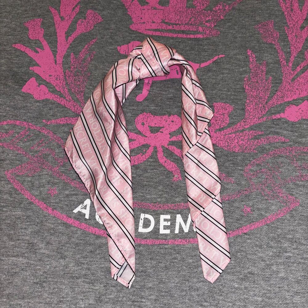 Victoria’s Secret Satin Silky 100% Polyester Pink and White Stripe Logo Scarf